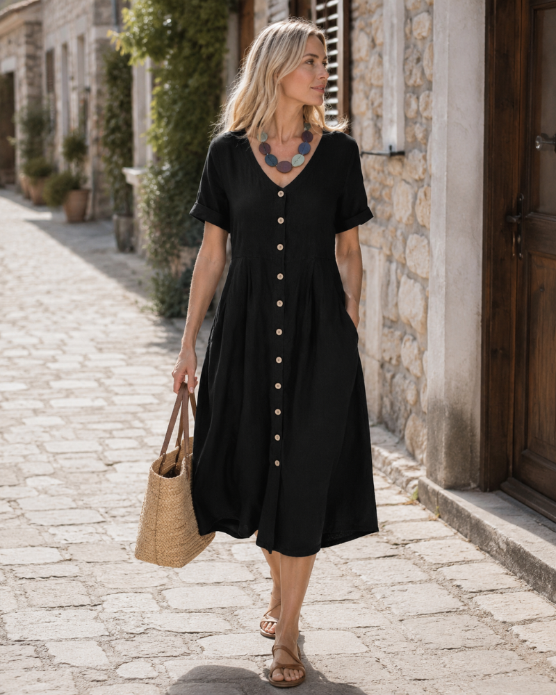 Vestido largo de lino para mujer Glaiza – Cuello en V, abotonado, mangas cortas, talla grande, verano