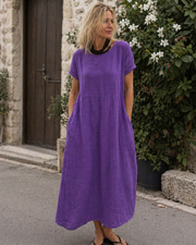 Reich zomerjurk dames – lange jurk van katoen-linnen, korte mouwen & casual stijl