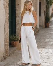 Edlyn Pantalón Mujer Lino Palazzo – Corte Amplio Fluido, Cintura Elástica Verano Chic