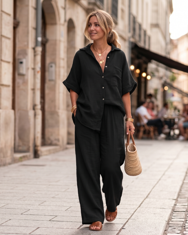 Ava Damen Sommer Ensemble – Hemd mit Knöpfen & Weite Hose mit Hoher Taille