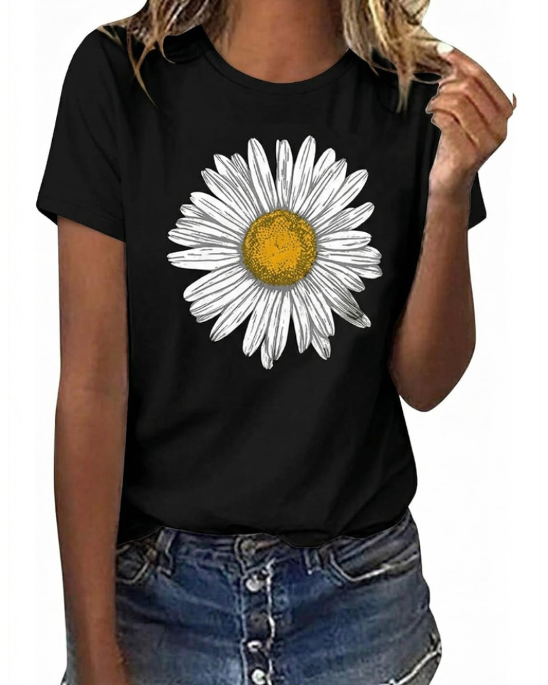 Camiseta Bella para Mujer con Estampado Floral – Top de Algodón Margarita y Girasol de Verano