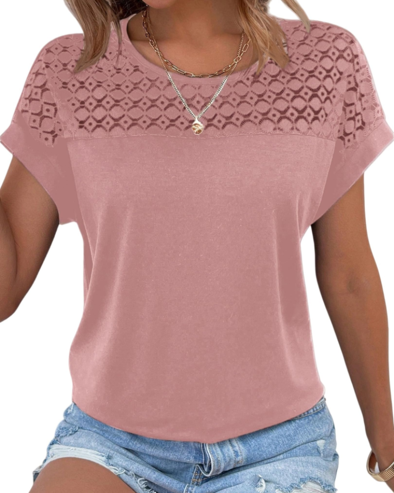 T-shirt Emily da donna in pizzo – top elegante con scollo rotondo e maniche corte estive