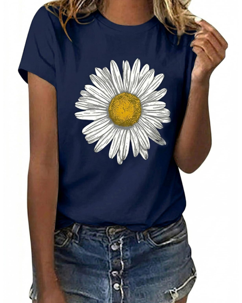 Camiseta Bella para Mujer con Estampado Floral – Top de Algodón Margarita y Girasol de Verano