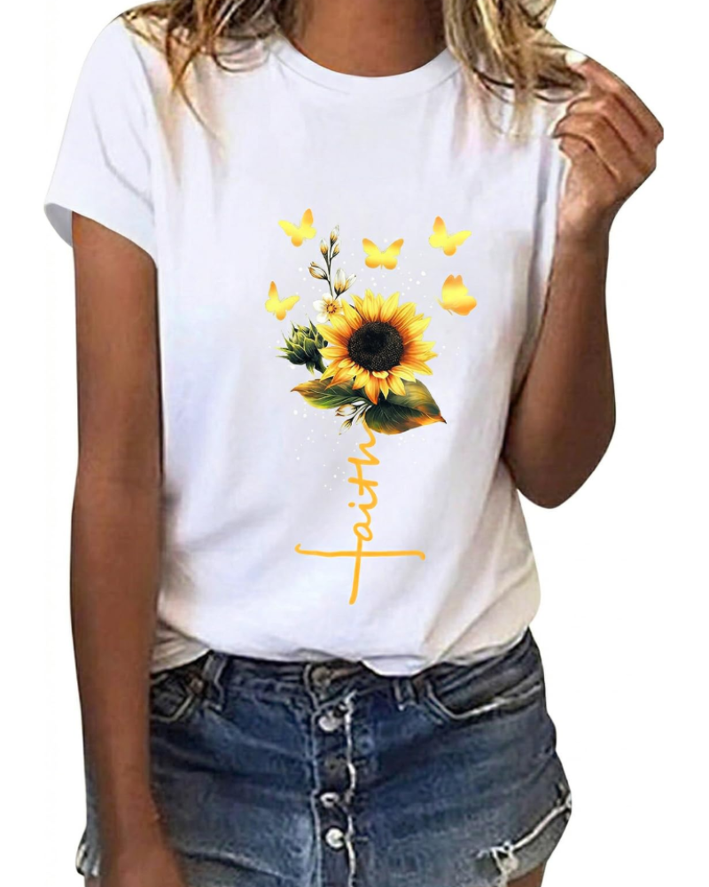 Camiseta Bella para Mujer con Estampado Floral – Top de Algodón Margarita y Girasol de Verano
