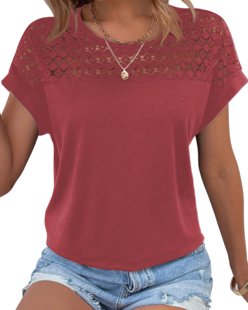 T-shirt Emily da donna in pizzo – top elegante con scollo rotondo e maniche corte estive