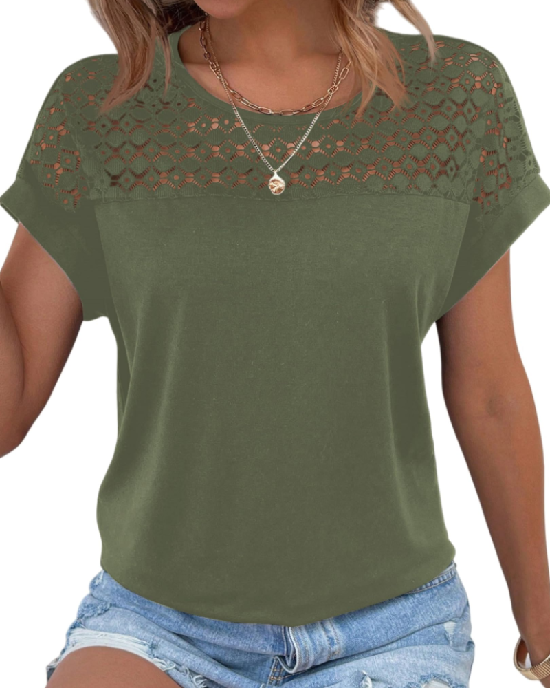 T-shirt Emily da donna in pizzo – top elegante con scollo rotondo e maniche corte estive