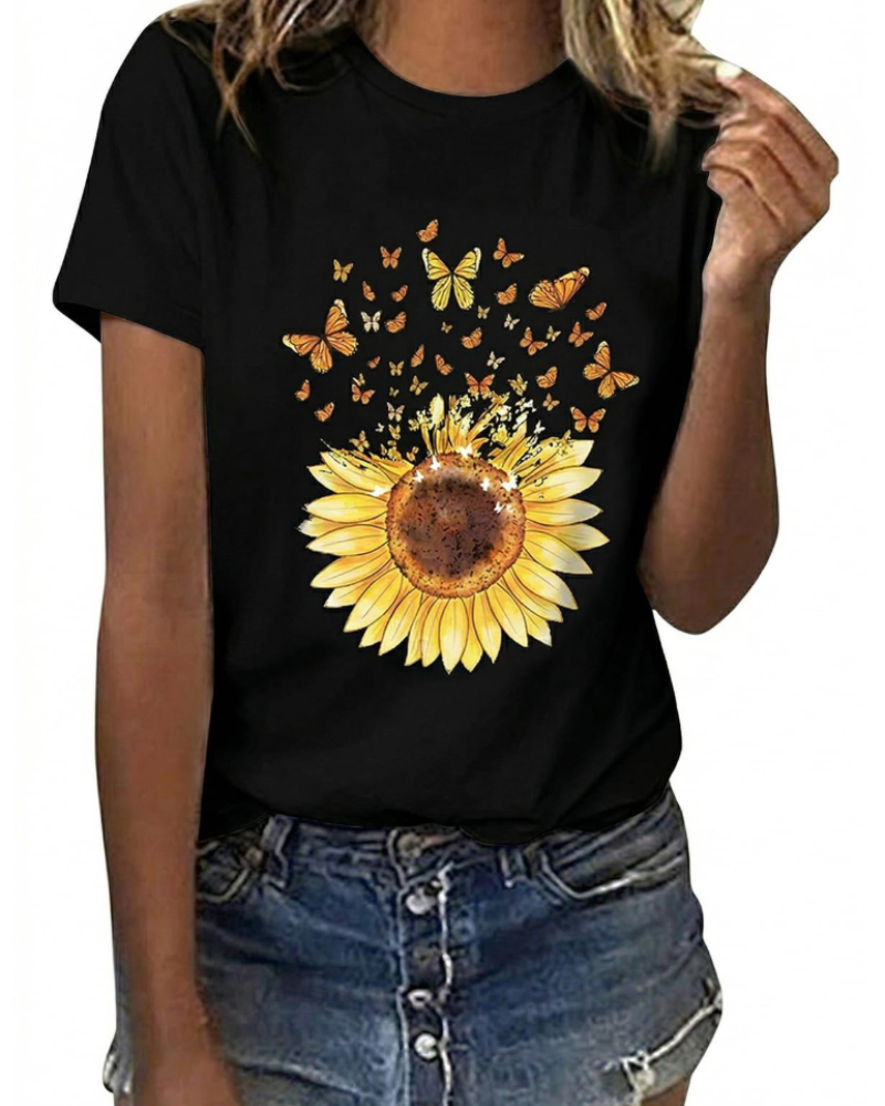 Camiseta Bella para Mujer con Estampado Floral – Top de Algodón Margarita y Girasol de Verano