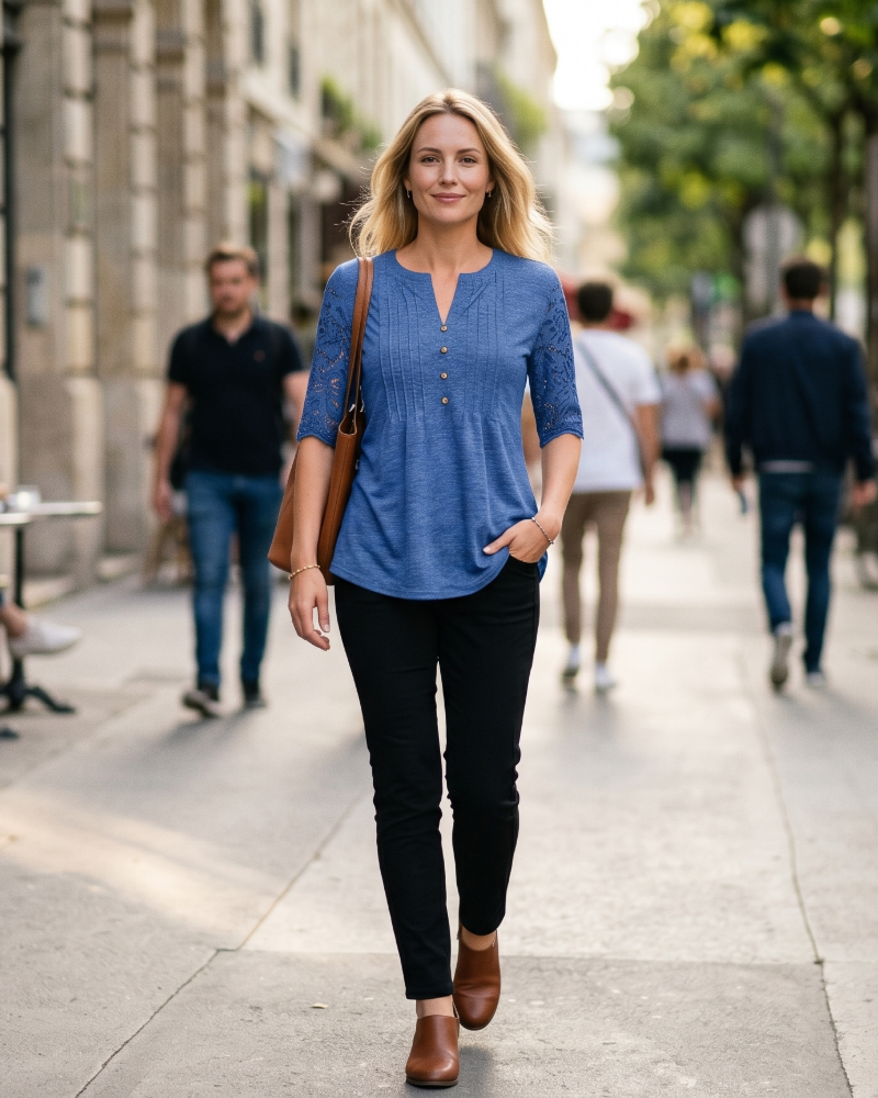 Olga Blouse Femme Été – Col V Boutonnée Dentelle & Plis Élégants