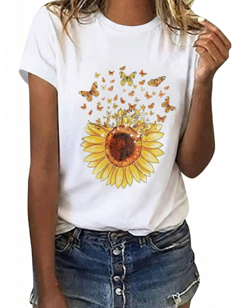 Camiseta Bella para Mujer con Estampado Floral – Top de Algodón Margarita y Girasol de Verano