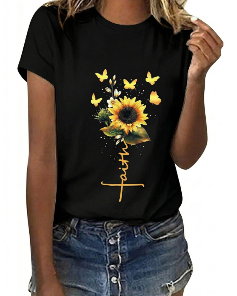 Camiseta Bella para Mujer con Estampado Floral – Top de Algodón Margarita y Girasol de Verano