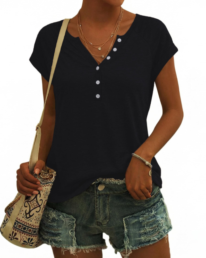 Emma Damenoberteil mit V-Ausschnitt und Knöpfen – Lockeres T-Shirt aus Baumwollmischung für den Sommer