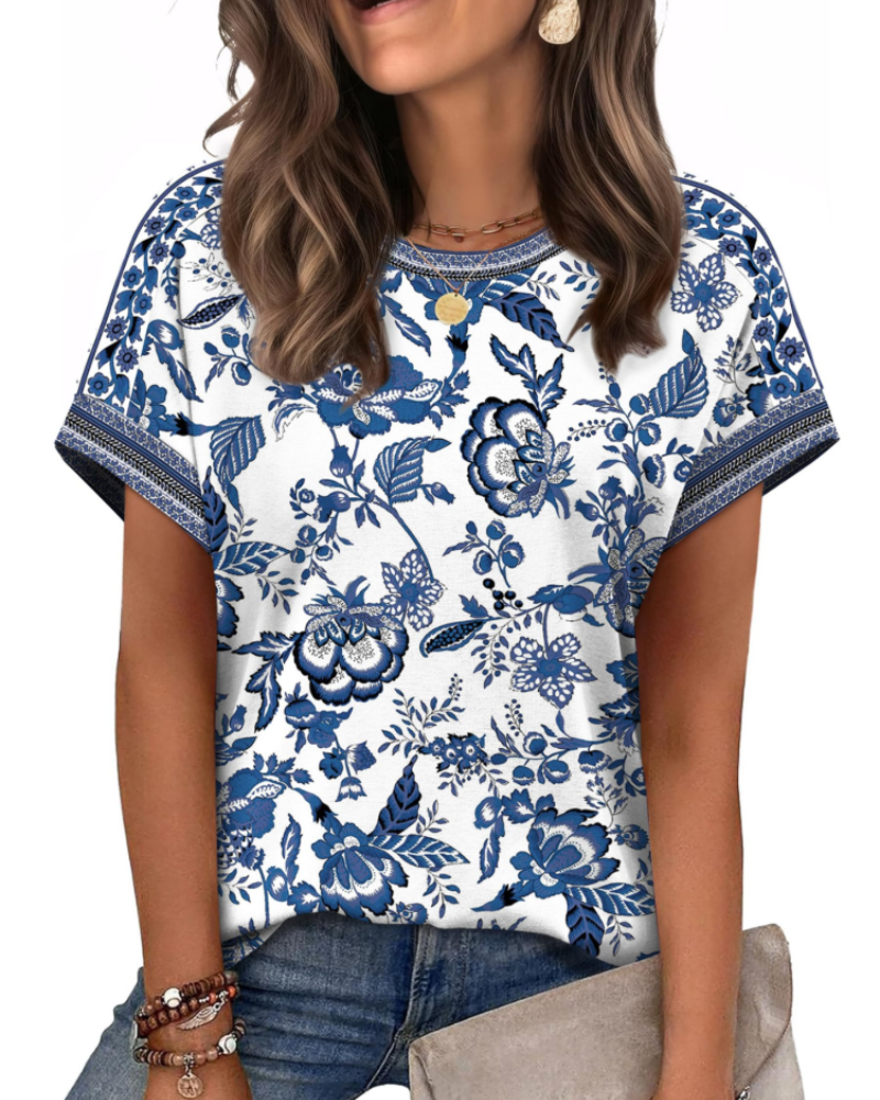 Zaria Top Femme – Camiseta de cuello redondo casual chic, corte holgado y mangas cortas de verano