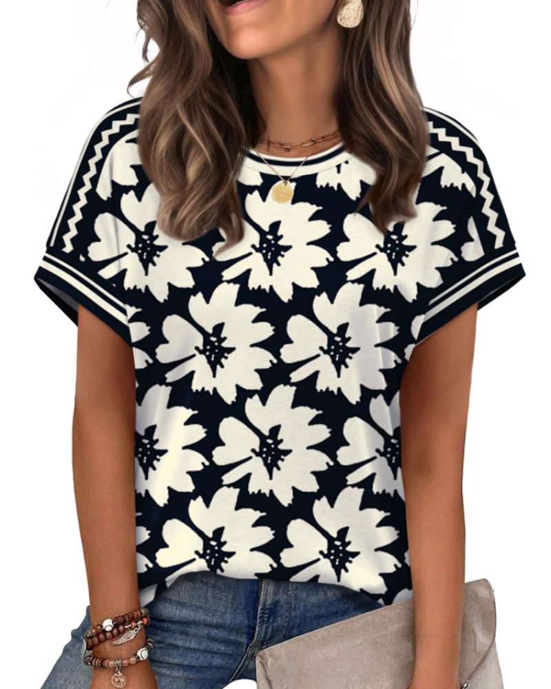 Zaria Top Femme – Camiseta de cuello redondo casual chic, corte holgado y mangas cortas de verano