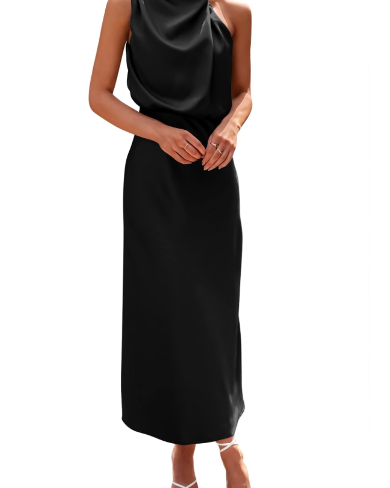 Zena naisten mekko – satiininen maxi-mekko korkealla kauluksella, elegantti ja ilmava iltamalli