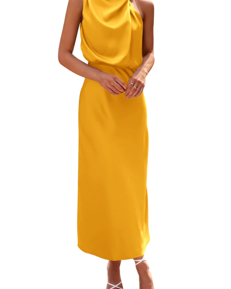 Zena naisten mekko – satiininen maxi-mekko korkealla kauluksella, elegantti ja ilmava iltamalli