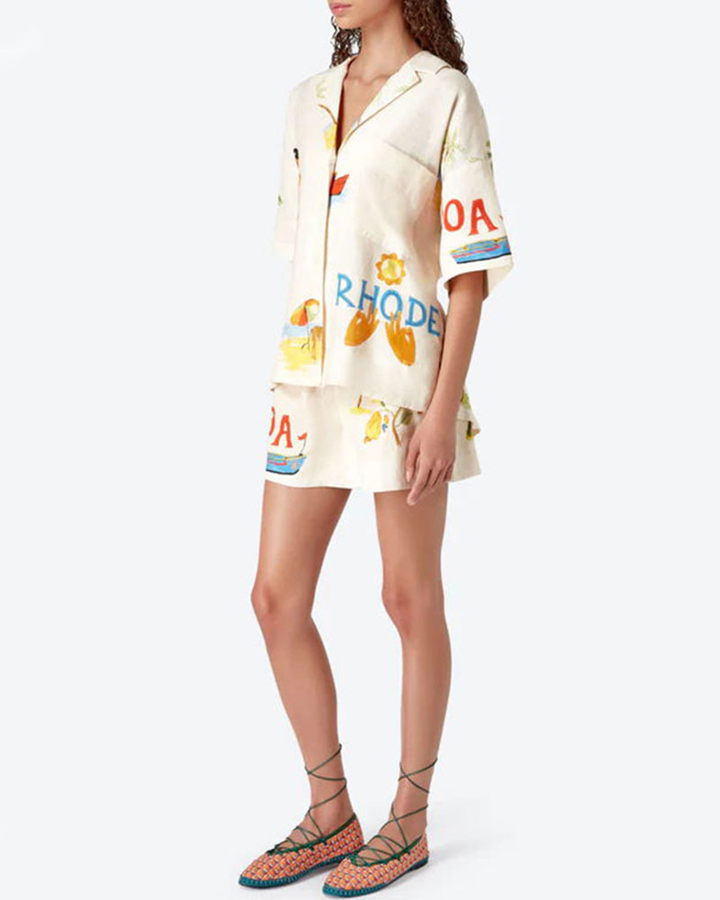 Set di lino femminile Stella - coordinato estivo con stampa tropicale, camicia leggera e pantaloncini confortevoli