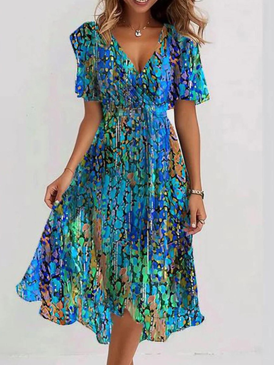 Vestido para mujeres del mediodía de Kalea: vestido azul con mangas cortas, V y corte elegante