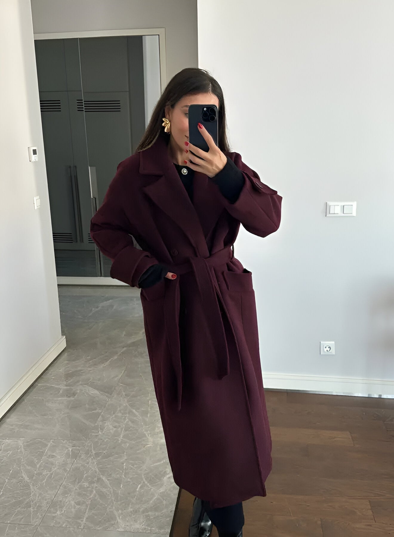 Victoria Damen Oversize-Mantel – Eleganter Wollmischmantel in Burgunderrot mit schicker Passform