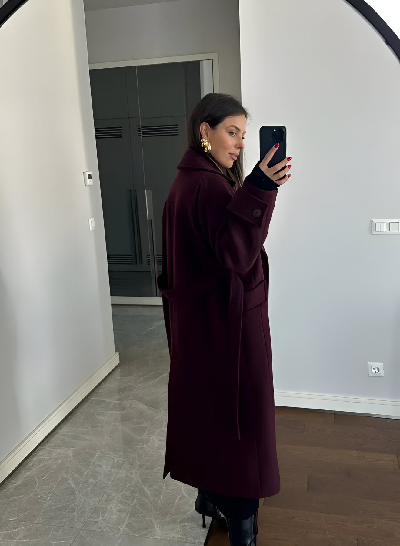 Victoria Damen Oversize-Mantel – Eleganter Wollmischmantel in Burgunderrot mit schicker Passform