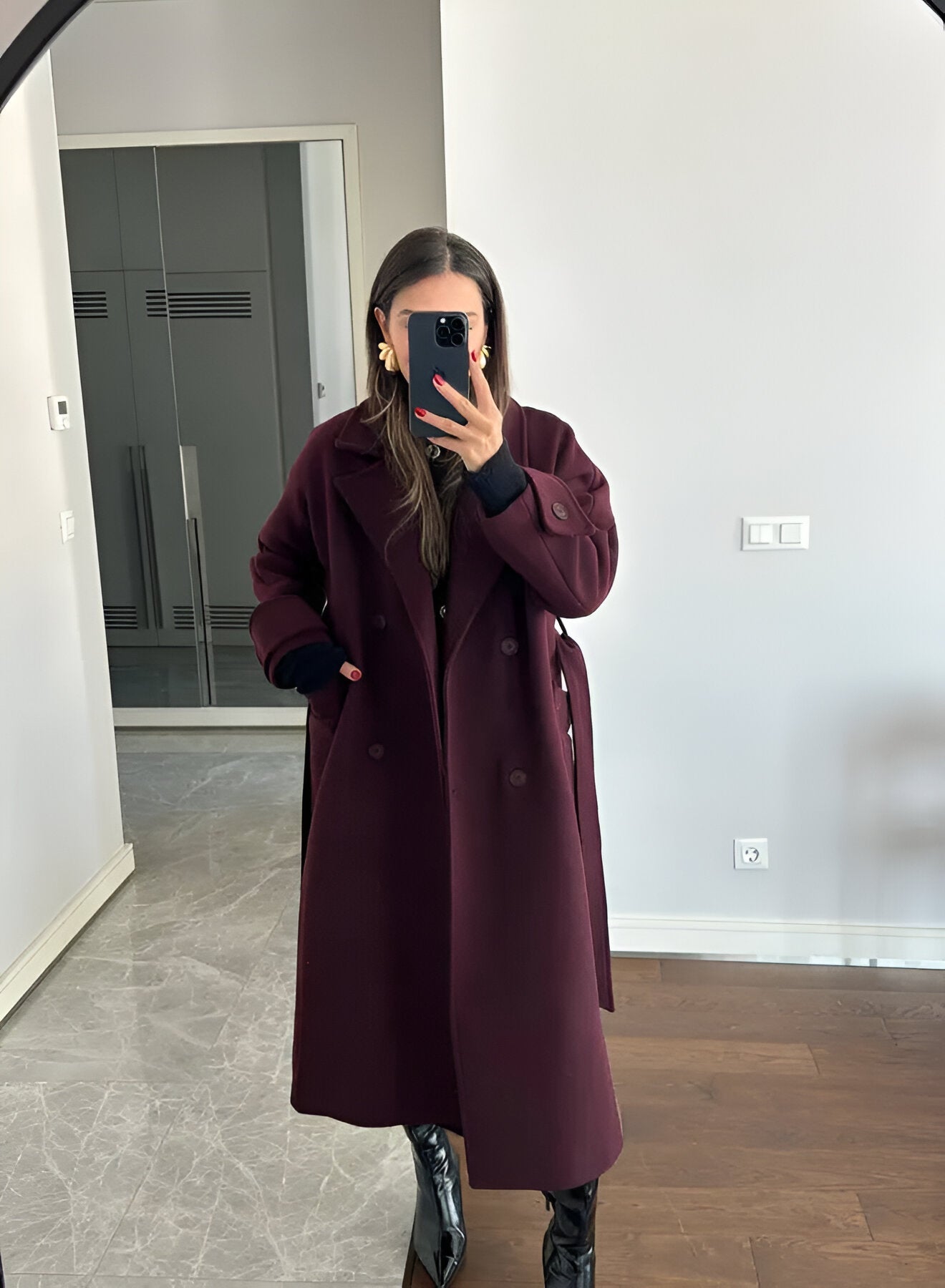 Victoria Damen Oversize-Mantel – Eleganter Wollmischmantel in Burgunderrot mit schicker Passform