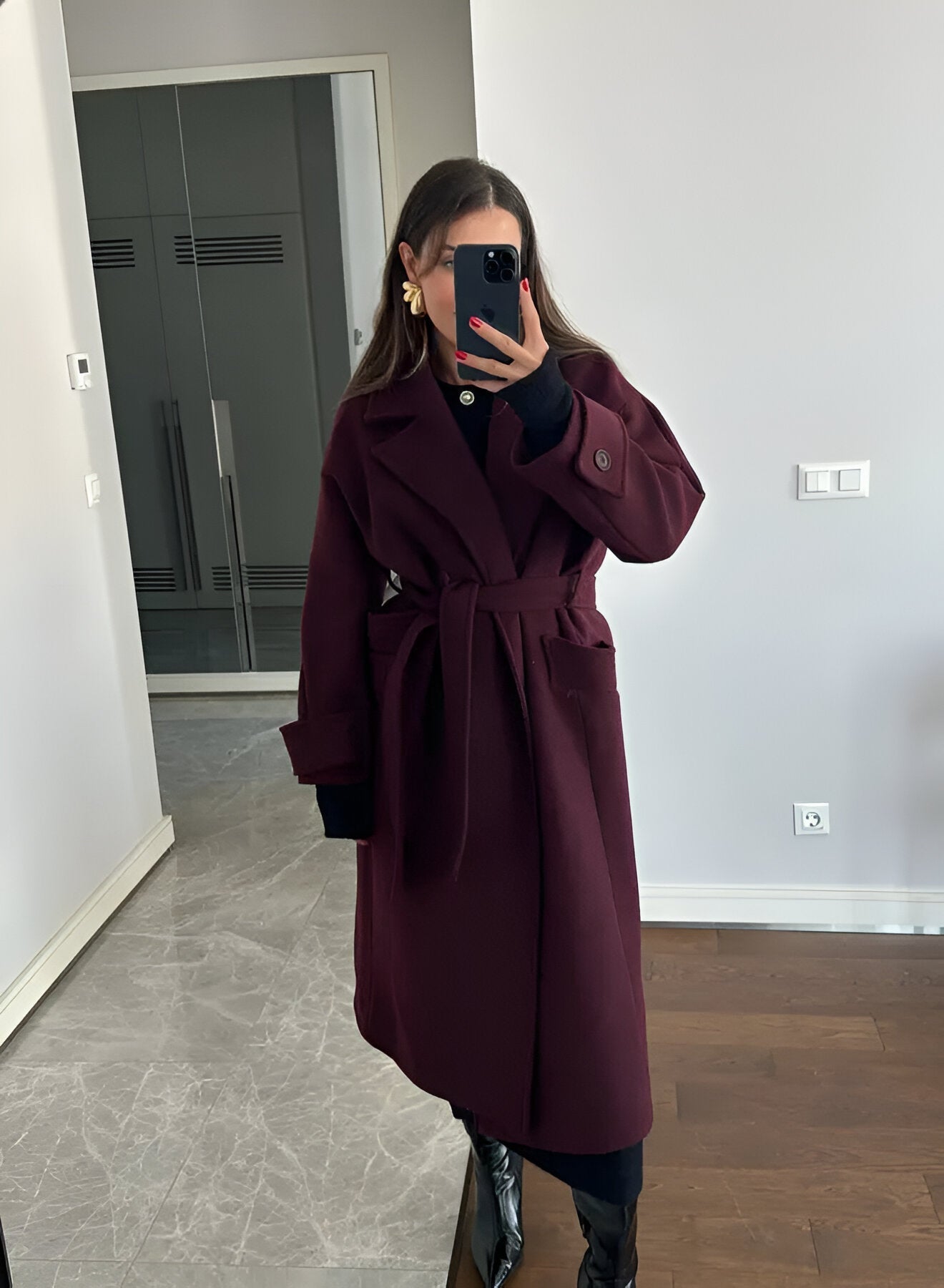 Victoria Damen Oversize-Mantel – Eleganter Wollmischmantel in Burgunderrot mit schicker Passform