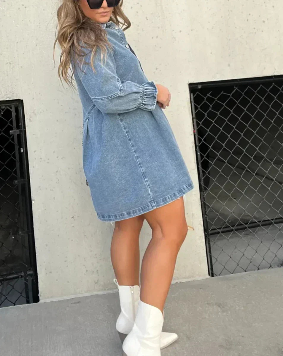 Namy Woman's Denim Dress - Abito da camicia con colletto, maniche da 3/4 e taglio svasato