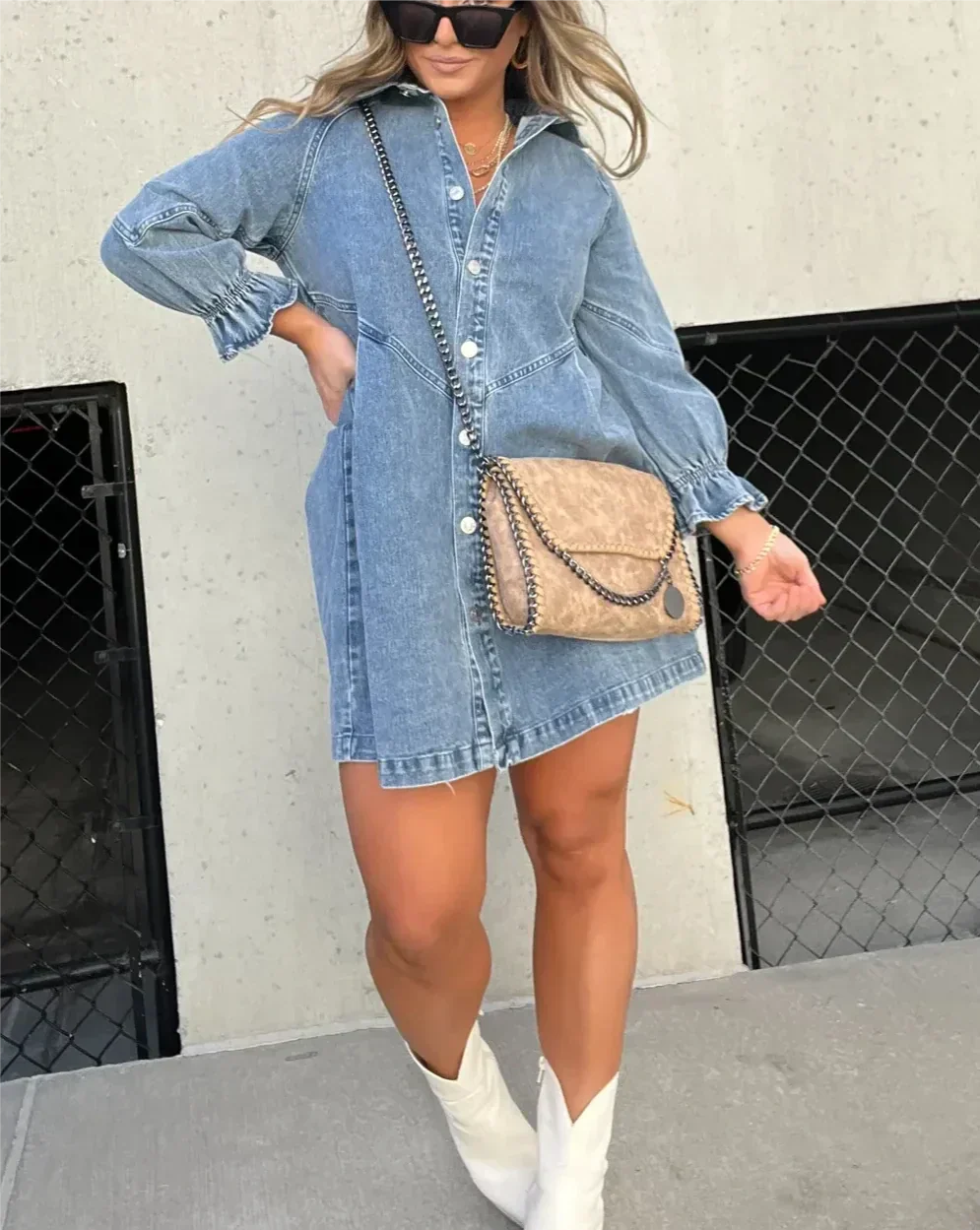 Namy Woman's Denim Dress - Abito da camicia con colletto, maniche da 3/4 e taglio svasato