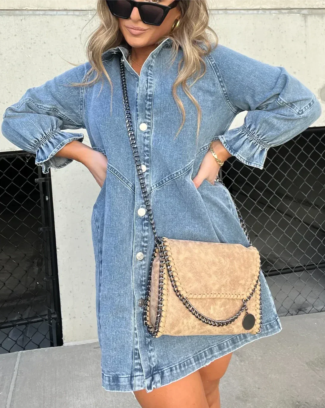 Namy Woman's Denim Dress - Abito da camicia con colletto, maniche da 3/4 e taglio svasato
