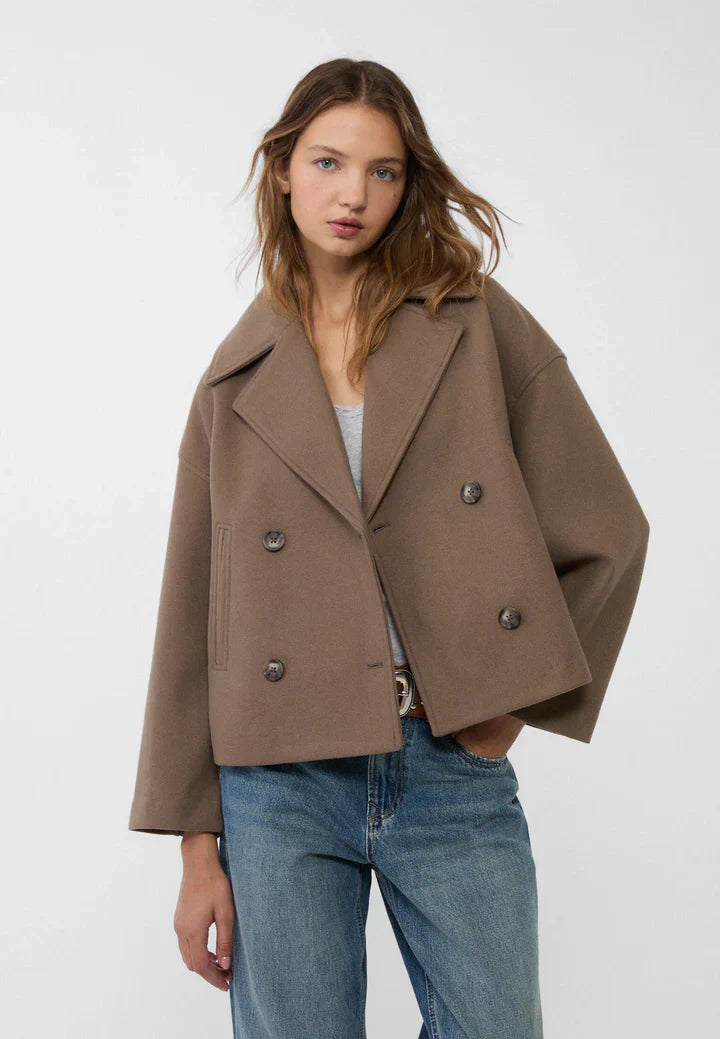 Casaco Lainey Mulher Cruzado – Casaco Curto Elegante com Gola Larga & Tecido Suave e Quente