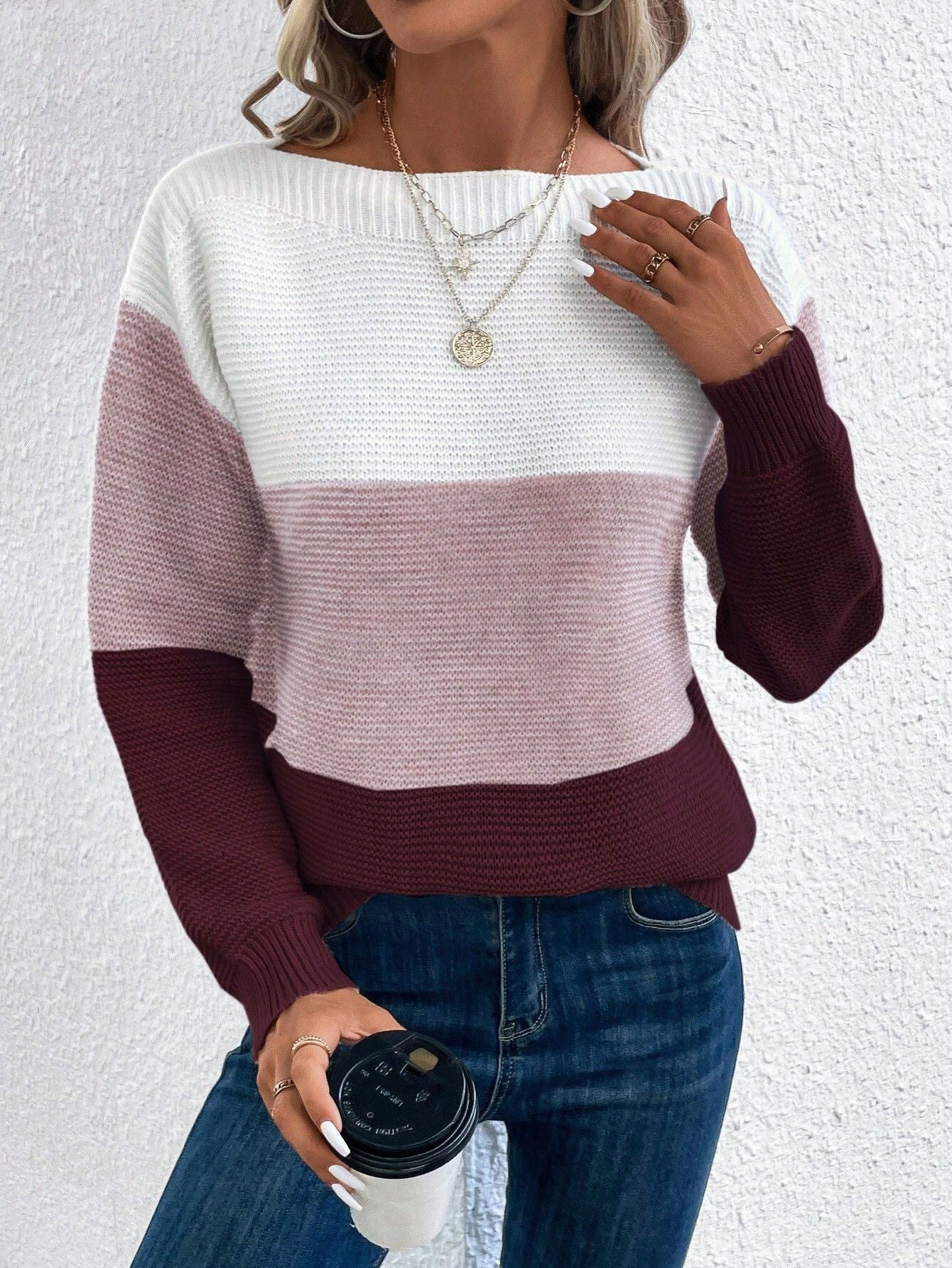 Aubree Pull en Maille Color-Block pour Femme – Maille Douce, Coupe Décontractée avec Motif à Carreaux