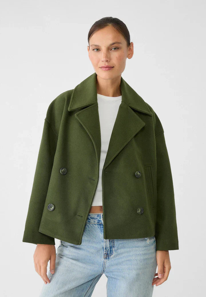 Casaco Lainey Mulher Cruzado – Casaco Curto Elegante com Gola Larga & Tecido Suave e Quente