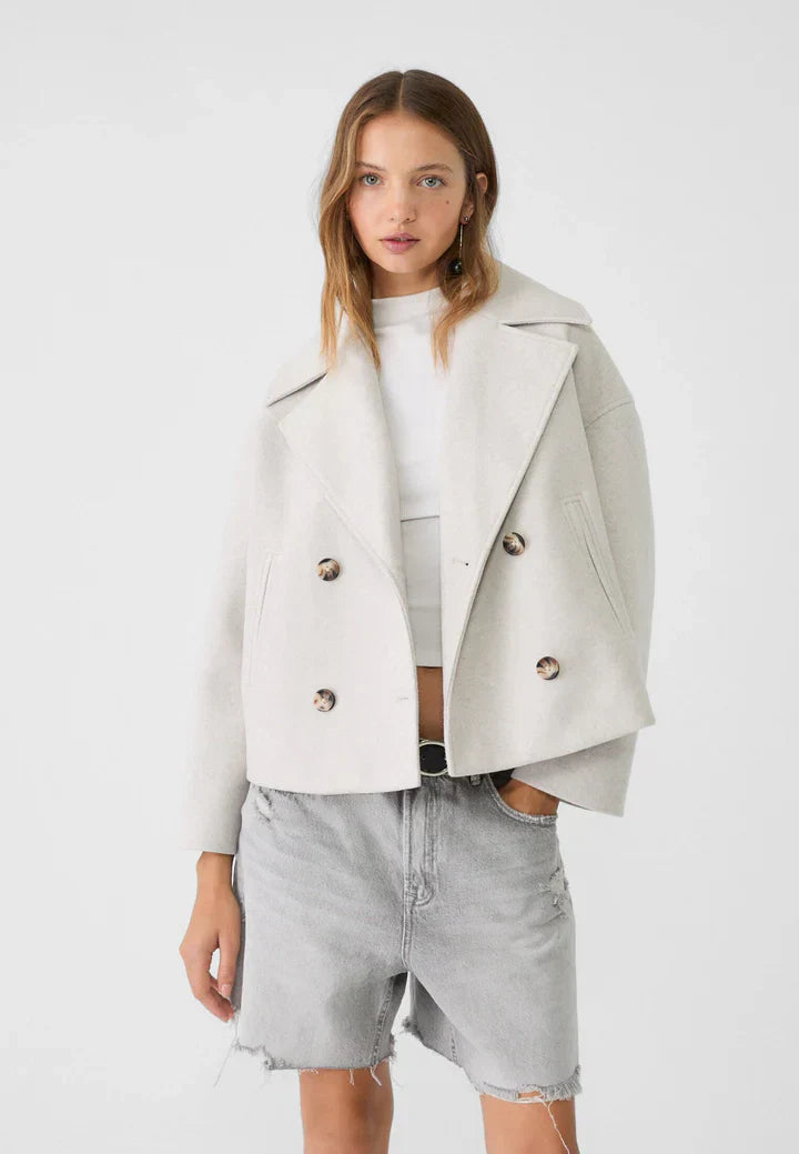 Casaco Lainey Mulher Cruzado – Casaco Curto Elegante com Gola Larga & Tecido Suave e Quente