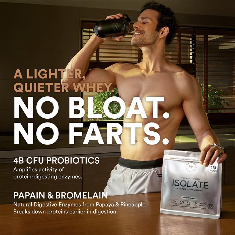 man drinking no bloat whey with 4b cfu probiotics
