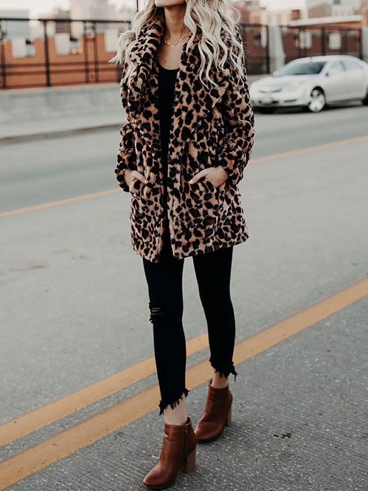 Fresia Damen Winterjacke – Leopardenmuster, Oversize-Kragen & Warme Fütterung