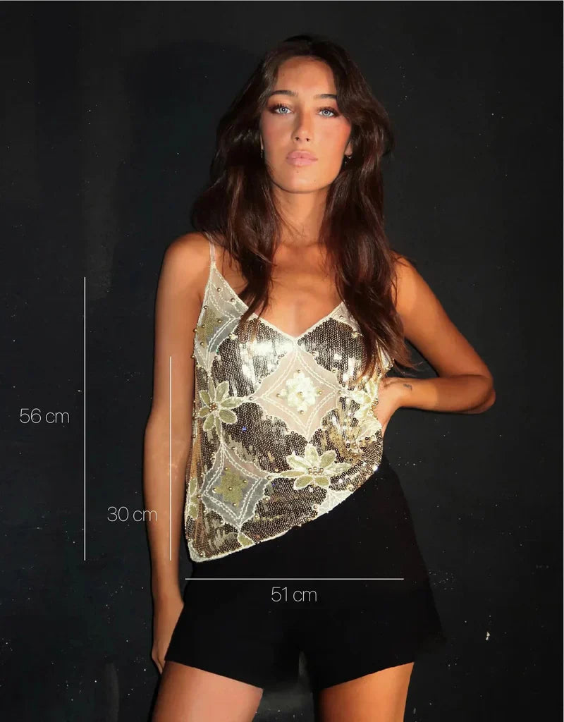 Diana High High Women-Elegant Semi-trasparente Floral Design con paillettes e scollo a V