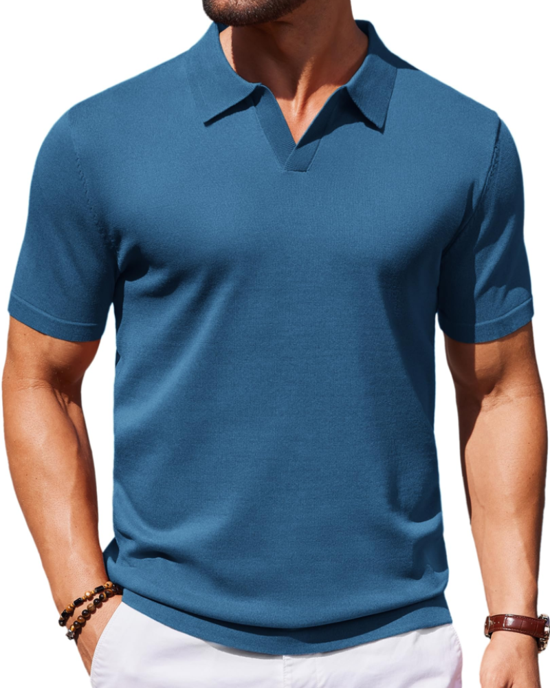 Ethan Herren Poloshirt aus Strick – Polokragen V-Ausschnitt Kurzarm mit seidigem Stretch-Effekt