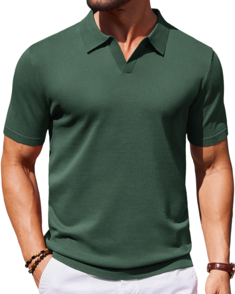 Ethan Herren Poloshirt aus Strick – Polokragen V-Ausschnitt Kurzarm mit seidigem Stretch-Effekt