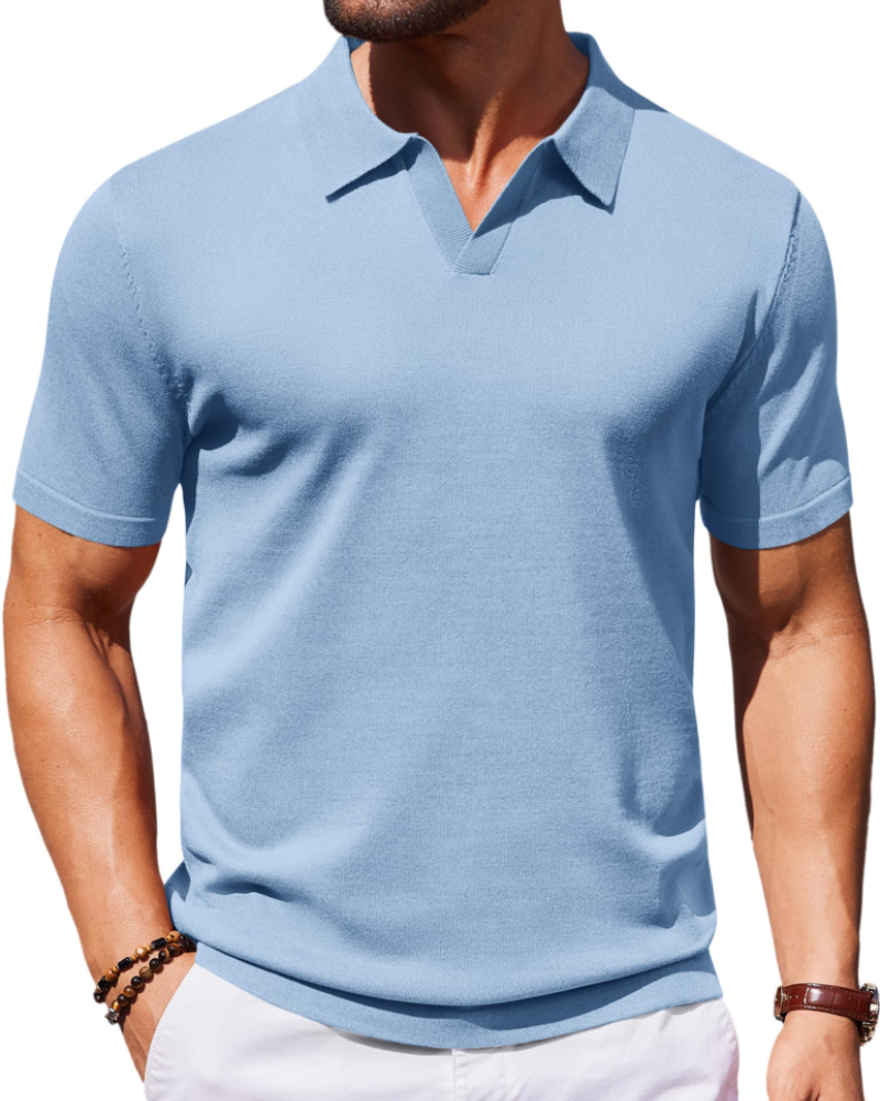 Ethan Herren Poloshirt aus Strick – Polokragen V-Ausschnitt Kurzarm mit seidigem Stretch-Effekt