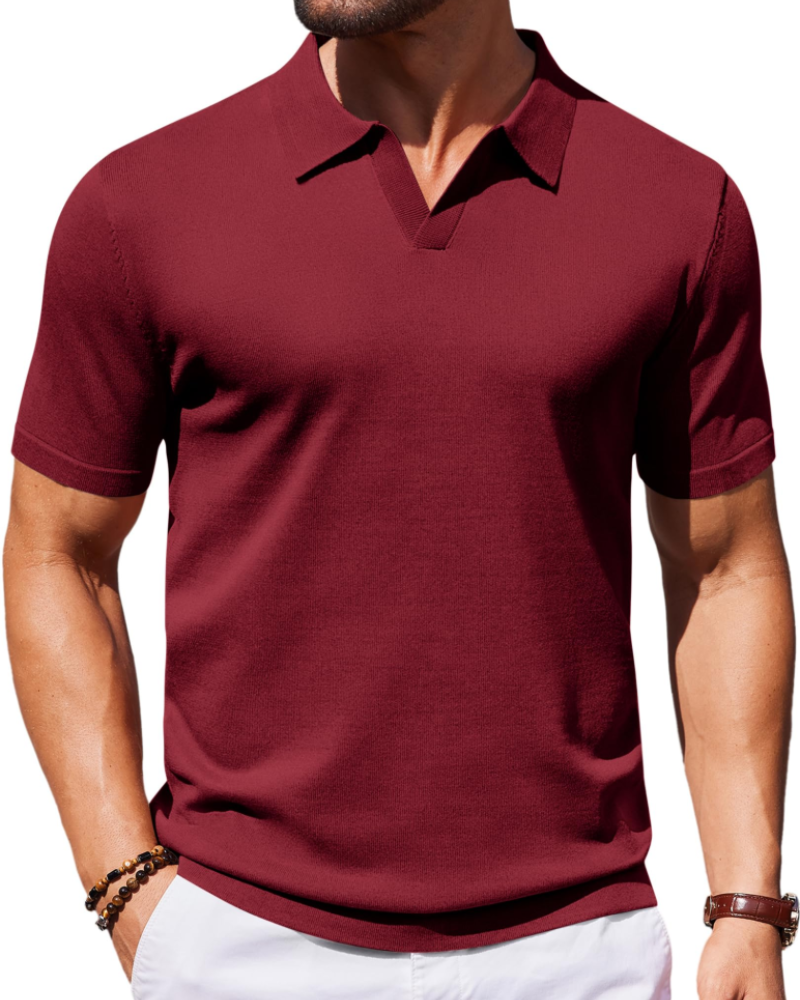 Ethan Herren Poloshirt aus Strick – Polokragen V-Ausschnitt Kurzarm mit seidigem Stretch-Effekt