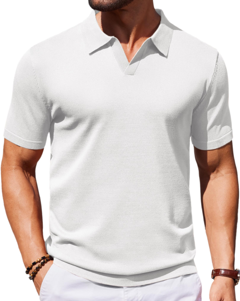 Ethan Herren Poloshirt aus Strick – Polokragen V-Ausschnitt Kurzarm mit seidigem Stretch-Effekt