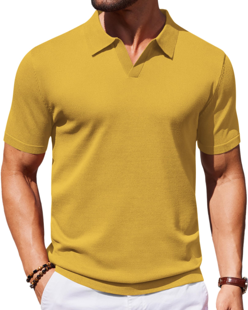 Ethan Herren Poloshirt aus Strick – Polokragen V-Ausschnitt Kurzarm mit seidigem Stretch-Effekt