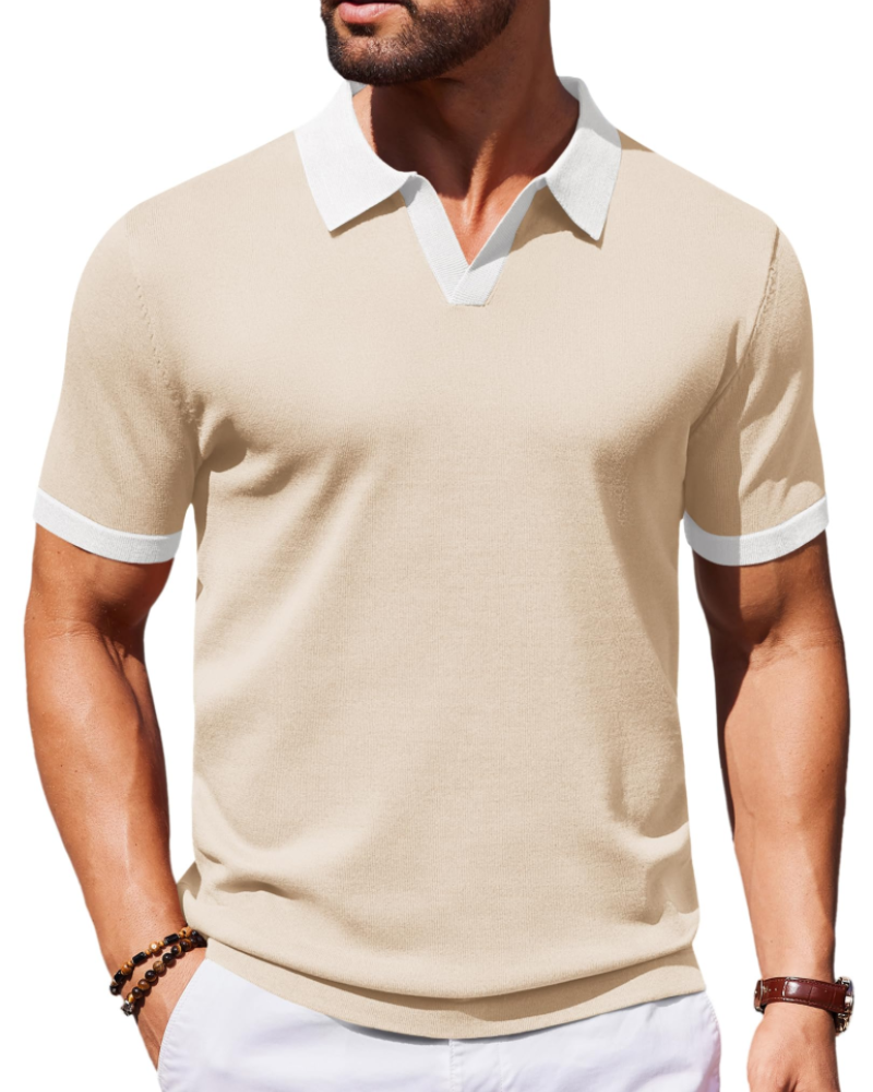Ethan Herren Poloshirt aus Strick – Polokragen V-Ausschnitt Kurzarm mit seidigem Stretch-Effekt