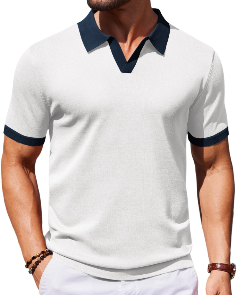Ethan Herren Poloshirt aus Strick – Polokragen V-Ausschnitt Kurzarm mit seidigem Stretch-Effekt