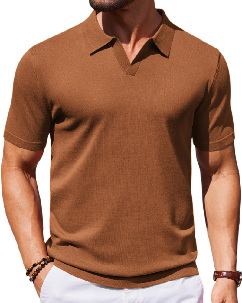 Ethan Herren Poloshirt aus Strick – Polokragen V-Ausschnitt Kurzarm mit seidigem Stretch-Effekt
