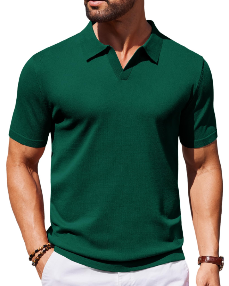 Ethan Herren Poloshirt aus Strick – Polokragen V-Ausschnitt Kurzarm mit seidigem Stretch-Effekt