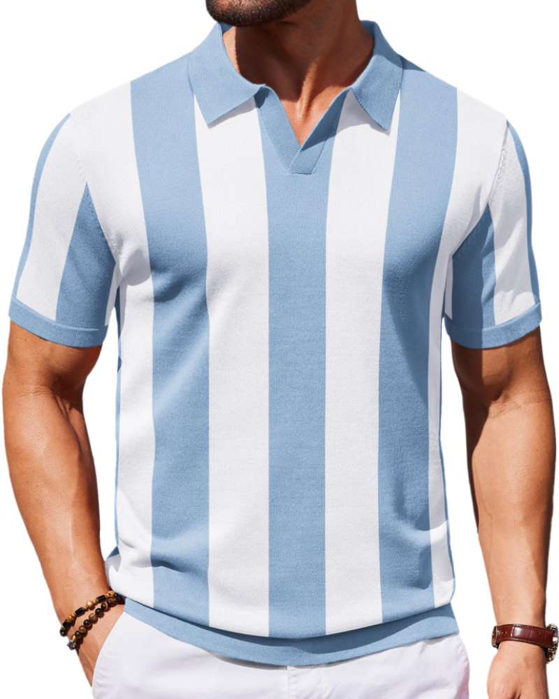 Ethan Herren Poloshirt aus Strick – Polokragen V-Ausschnitt Kurzarm mit seidigem Stretch-Effekt