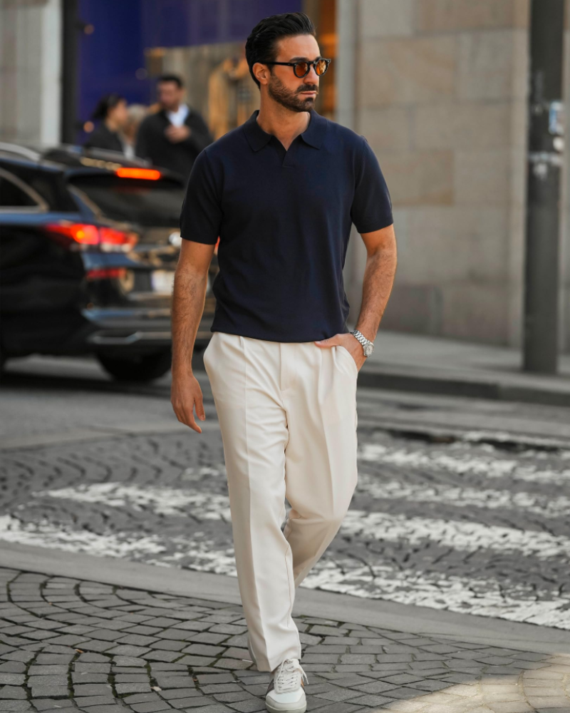 Ethan Herren Poloshirt aus Strick – Polokragen V-Ausschnitt Kurzarm mit seidigem Stretch-Effekt