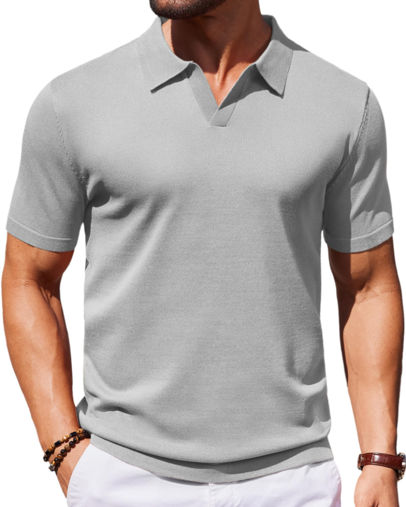 Ethan Herren Poloshirt aus Strick – Polokragen V-Ausschnitt Kurzarm mit seidigem Stretch-Effekt