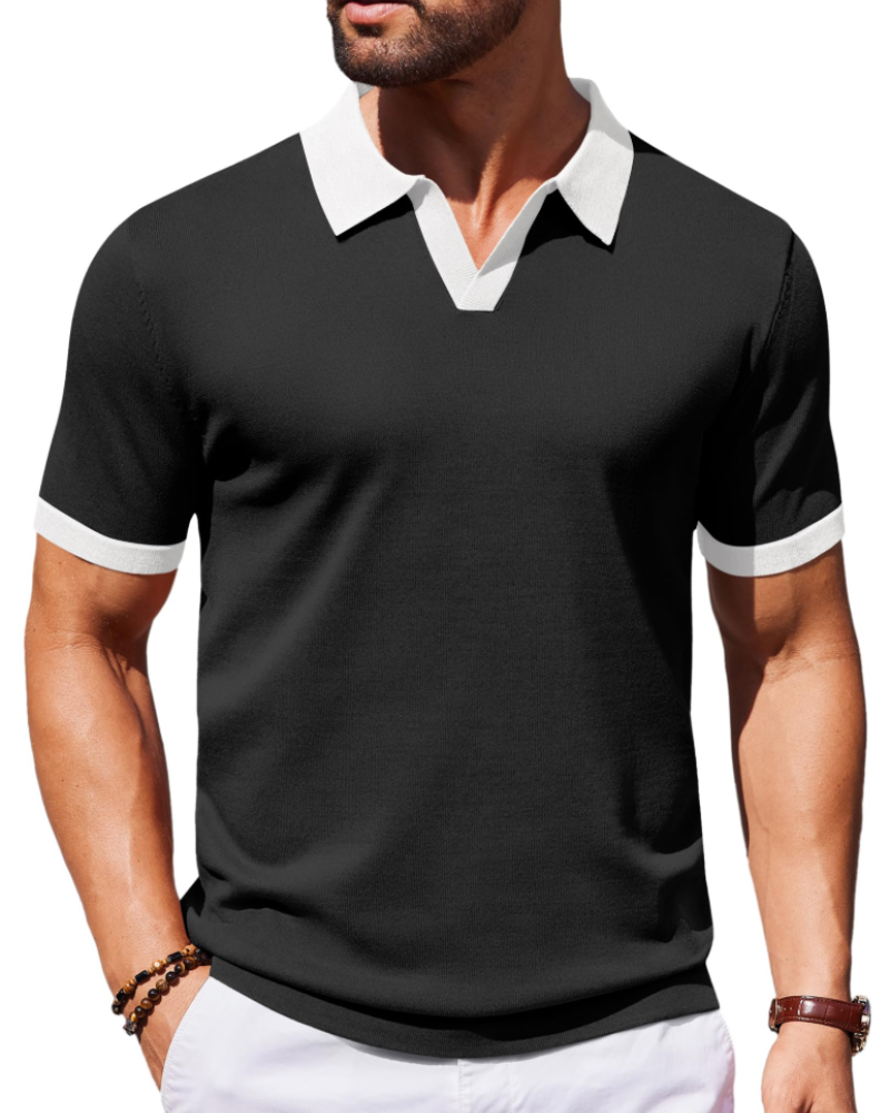 Ethan Herren Poloshirt aus Strick – Polokragen V-Ausschnitt Kurzarm mit seidigem Stretch-Effekt