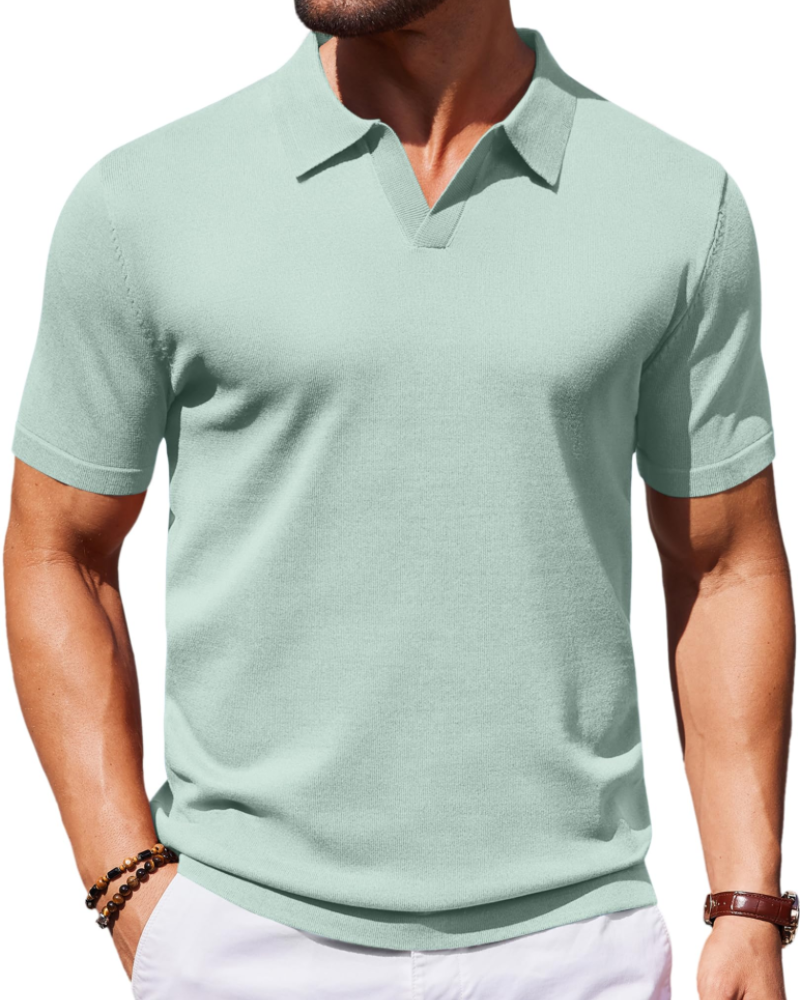 Ethan Herren Poloshirt aus Strick – Polokragen V-Ausschnitt Kurzarm mit seidigem Stretch-Effekt